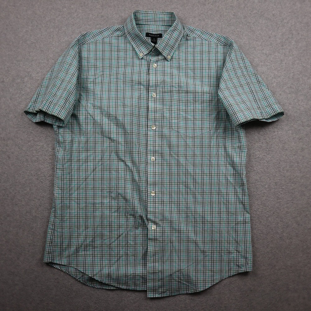 Van Heusen Shirt Mens Medium Teal Green Plaid Short Sleeve Button Down Pocket